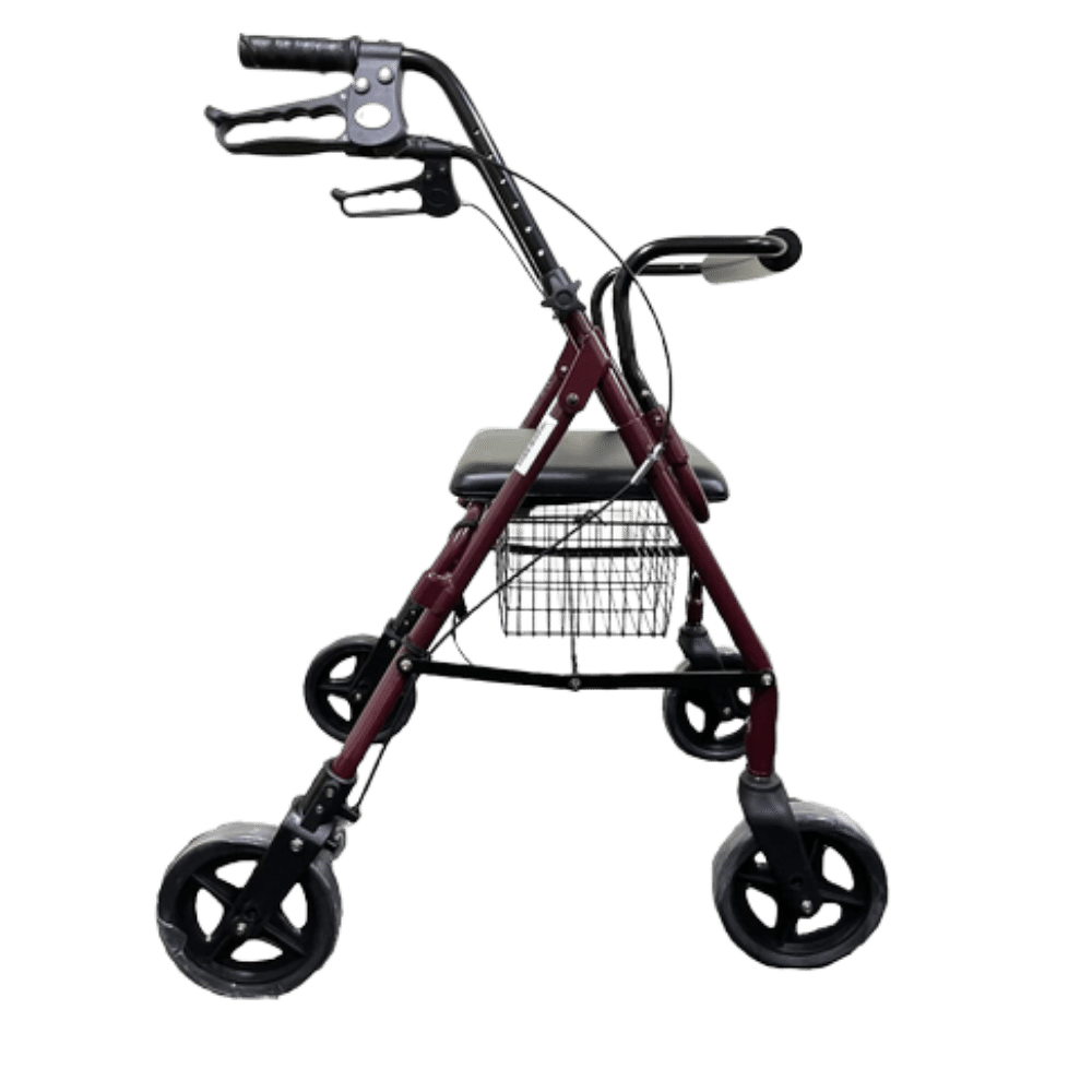 Rollator walker with seat, side view